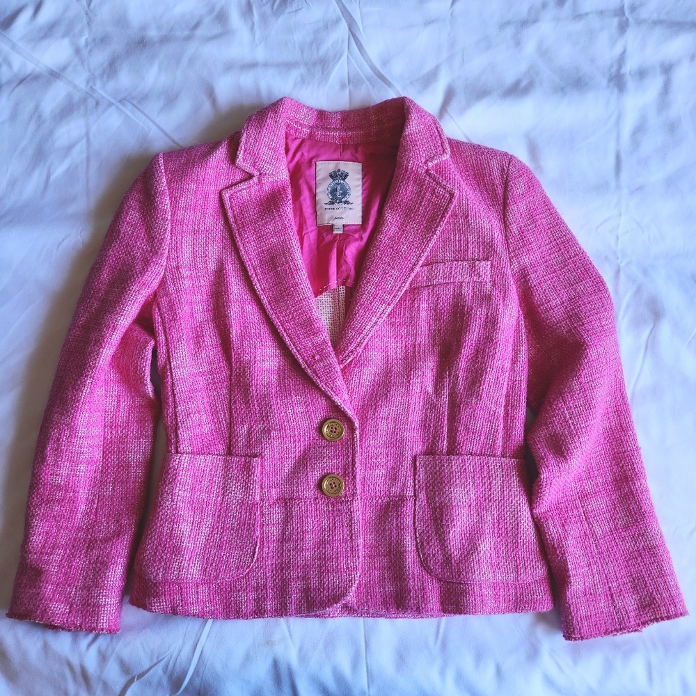 Juicy Couture Hot Pink Women's Size Petites Small Gold 2-Buttons Tweed Blazer